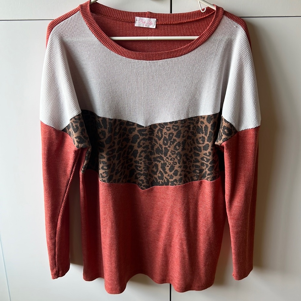 Pink Lily long sleeve color block waffle shirt